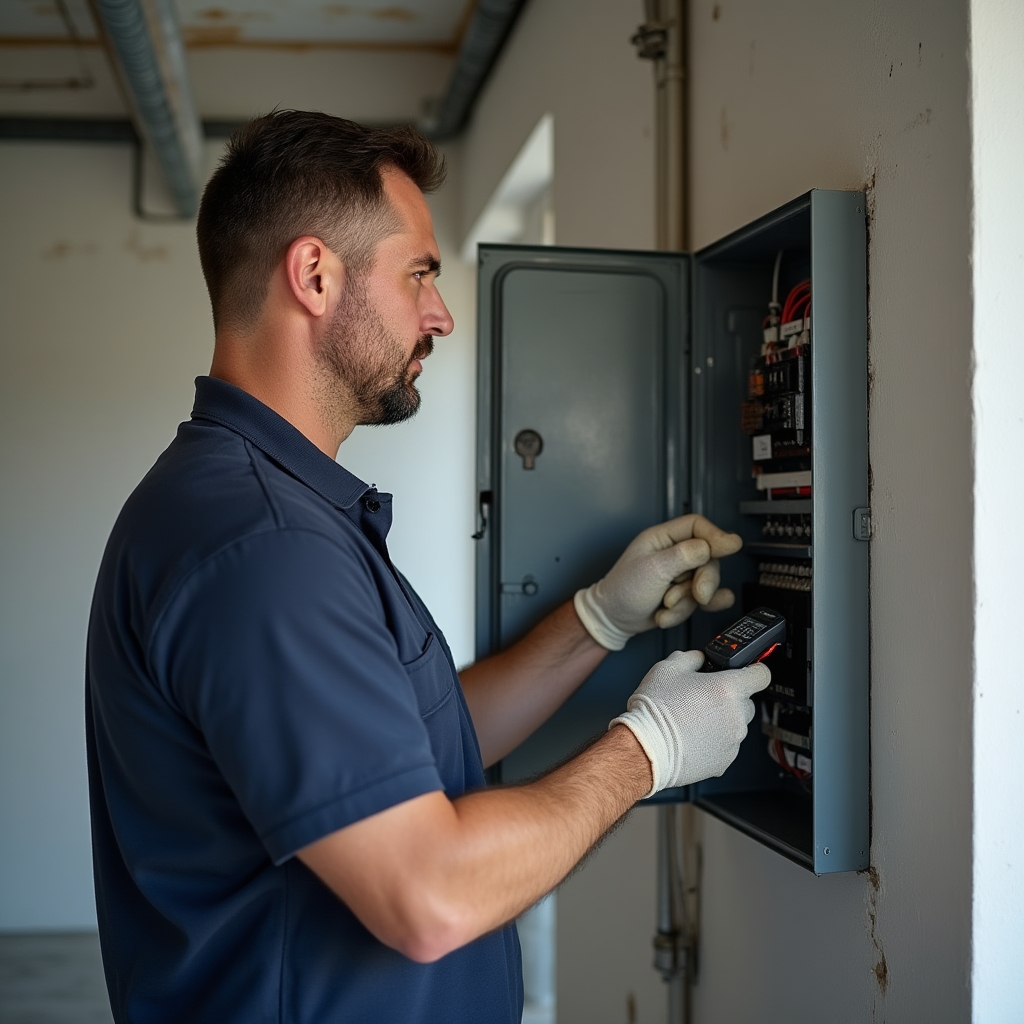 Técnico revisando el cuadro eléctrico de un local comercial vacío