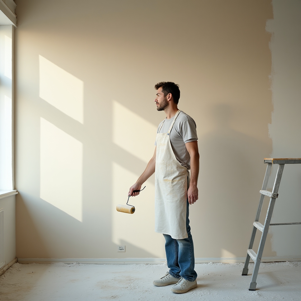 Pintor mejorando el interior de un local comercial vacío con recursos de bajo coste