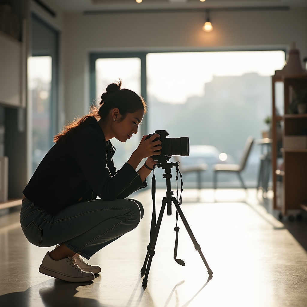 Fotógrafo tomando imágenes de un local comercial vacío para un portal especializado